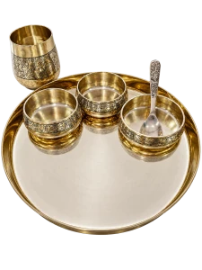 SPJ Kansa Thali Set Glossy Finish with engraved Design 6 Pcs Set